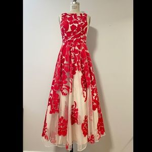 Jodi Kristopher Floor Length Prom Dress Red Floral Embroidery Nude Tulle Size 3